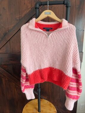 French Connection Pink & Red Ribbed Half-Zip Sweater